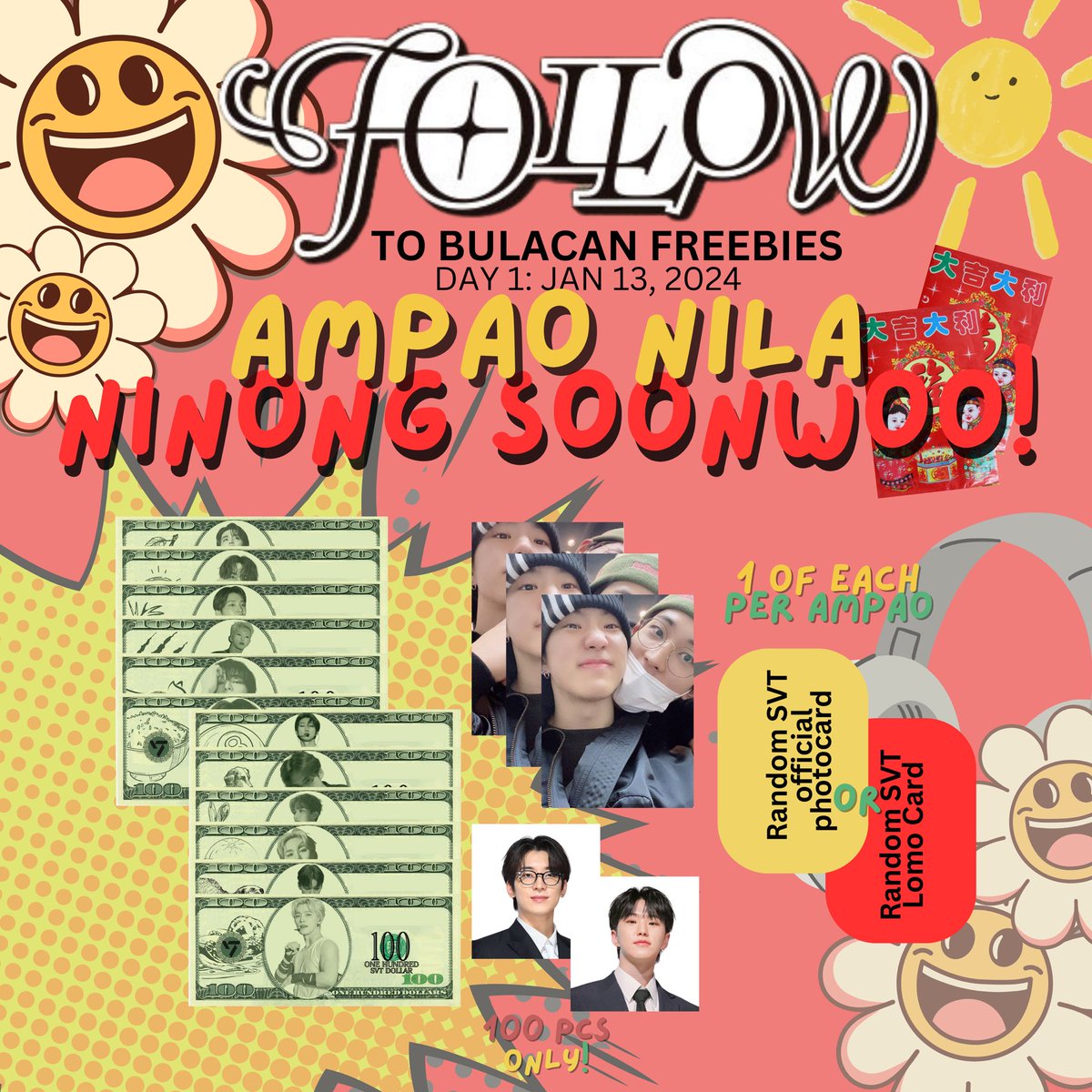 Gex_xx13's tweet photo. Seventeen FOLLOW to Bulacan Freebies

Come and claim your ampao from your ninongs SoonWoo! 

🗓️ January 13 [Day 1]
📍 PH Sports Stadium
🕖 ETA: 11am
Limited qty of 100pcs only
Rt &amp; Like 

See photos for details

#FOLLOW_TO_BULACAN #SEVENTEEN 
#SVT_TOUR_FOLLOW #SOONWOO https://t.co/E0jW2ZJ0Ga