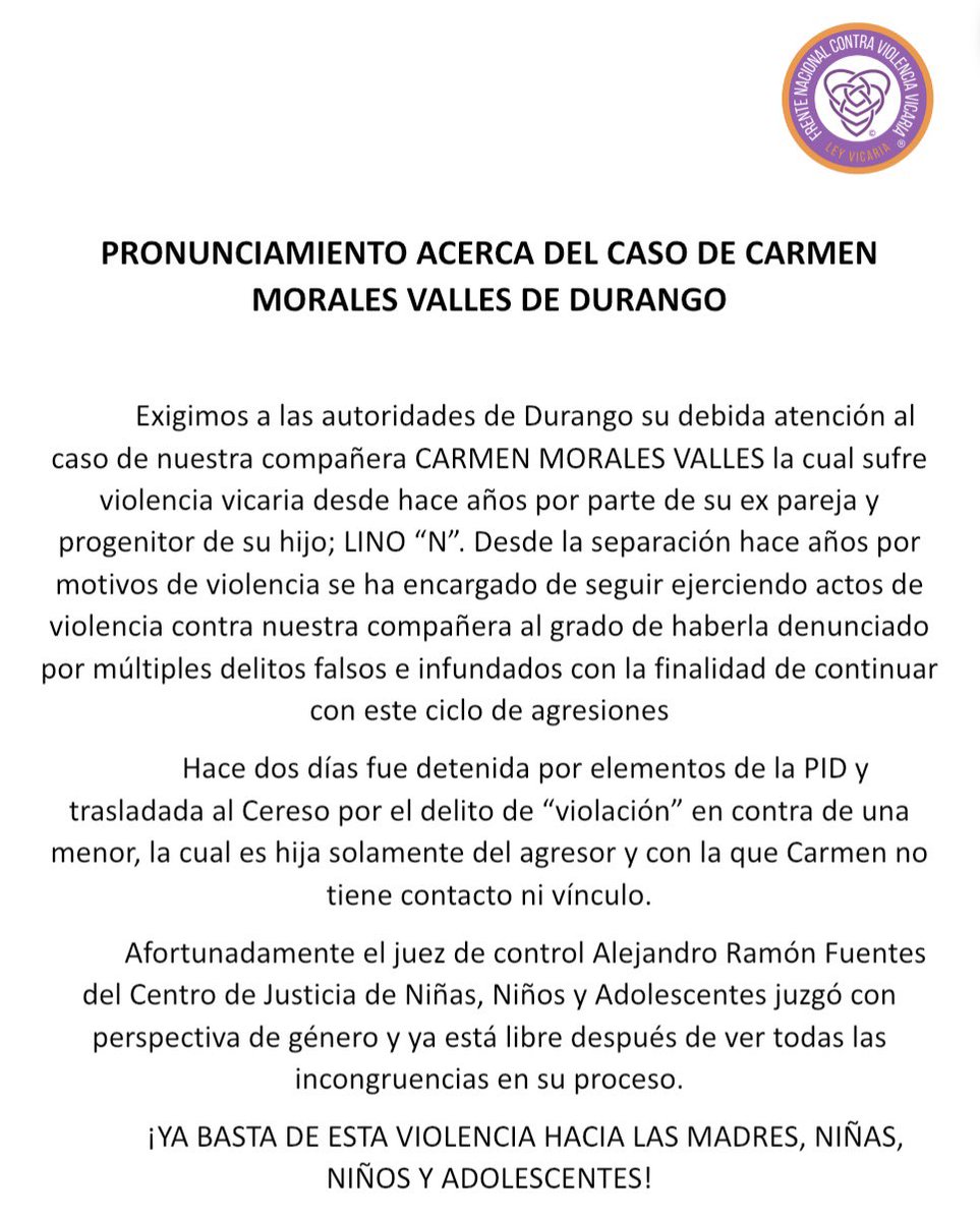 FNCVVICARIA's tweet photo. Exigimos un ALTO en Durango y todo en país para que se dejen de fabrican denuncias y utilizar niñas, niños y adolescentes para seguir ejerciendo violencia.

@FiscaliaDurango @TribunalDurango @DIFDGOLAGUNA 

#nomásviolenciavicaria
#conlasinfanciasno
#leyvicaria
#fncvv https://t.co/itJSS3KpSA