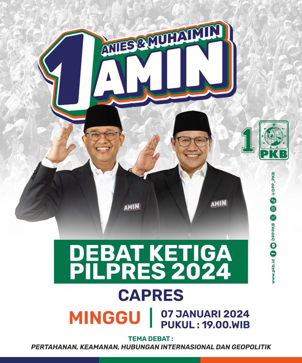 DPP_PKB's tweet photo. Yuk! Jangan sampai kelewat..

Debat Ketiga Pilpres 2024. 

🗓️ Minggu 7 Januari 2024
🕖 19.00 - WIB 

Tema: Pertahanan, Keamanan, Hubungan Internasional dan Geopolitik. 

#AMINAjaDulu
#AniesMuhaimin https://t.co/VIsGQaUyQN