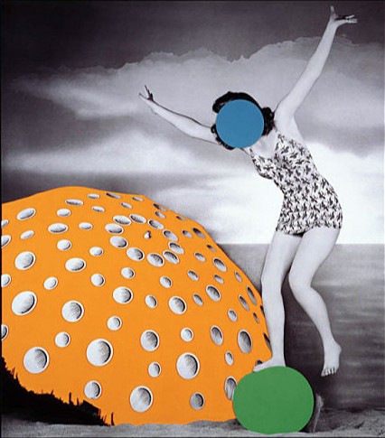 #JohnBaldessari uses imagery to explore the interplay of harmony and discord, security and disruption, focusing on the void between these extremes. Learn more: gu.gg/2I9anLP 📷: John Baldessari, 'Umbrella (Orange): With Figure and Ball (Blue, Green),' 2004