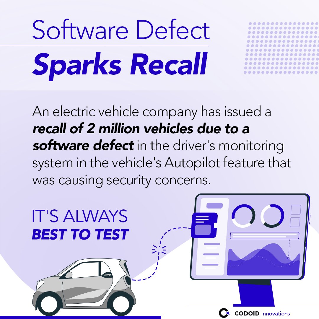codoid's tweet image. Software Defect Sparks Recall
It's Always Best to Test
#softwaredefects #qualityfirst #electricvehicle #alwaysbesttotest #autopilot #automotiveindustry #selfdriving #qualityassurance