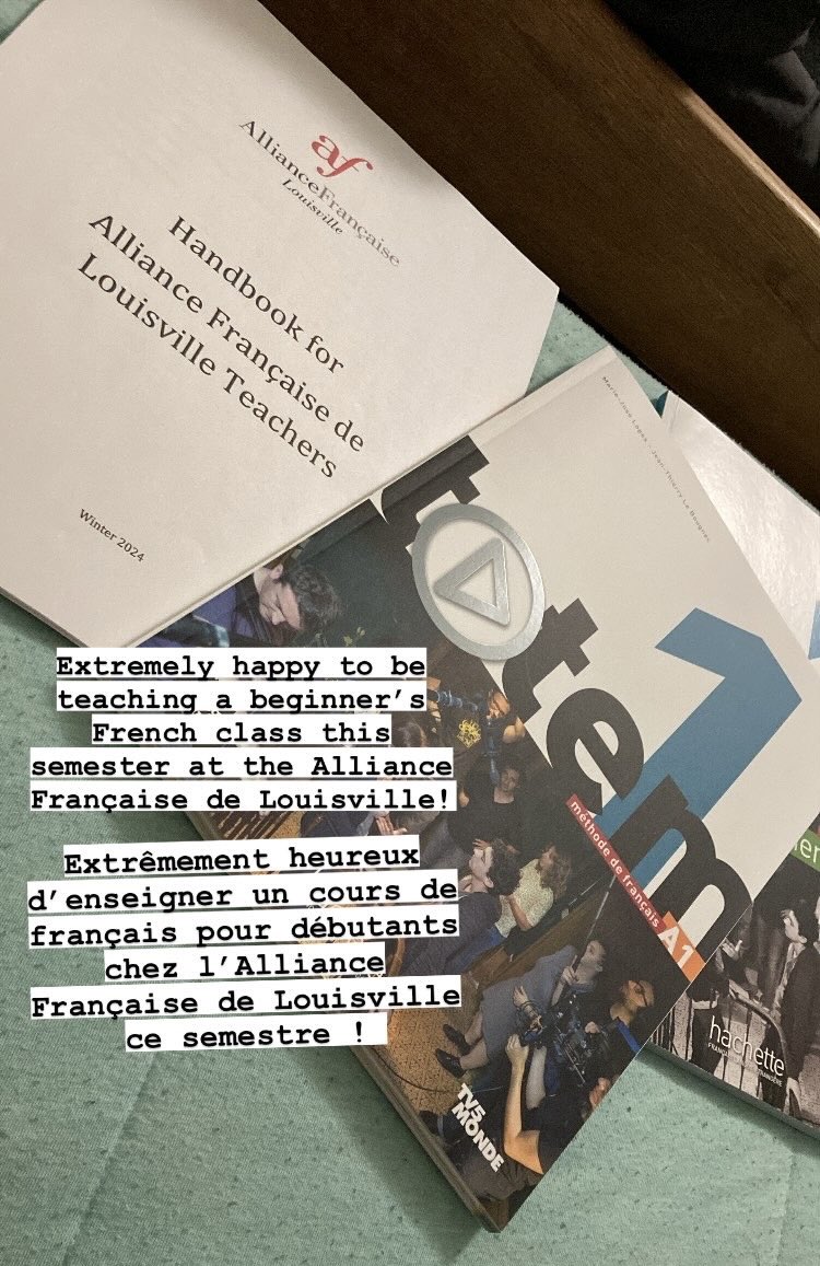CodySLanguage's tweet photo. Looking forward to teaching an A1 French class at the Alliance Française de Louisville this semester! Ce sera un cours passionnant, j’en suis tout à fait certain ! https://t.co/hTluA8fgb7