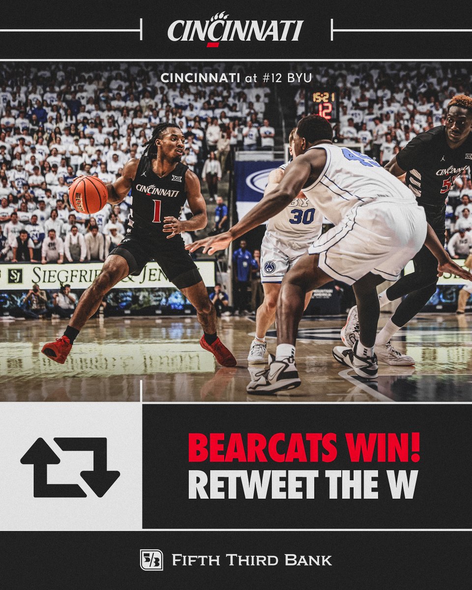 DOWN GOES 12TH-RANKED BYU

<a href="/GoBearcatsMBB/">Cincinnati Men’s Hoops</a> goes into Provo and knocks off the Cougars in their Big 12 debut behind 17 from Lakhin and 12 &amp; 10 from Bandaogo!

#Bearcats | <a href="/FifthThird/">Fifth Third Bank</a>