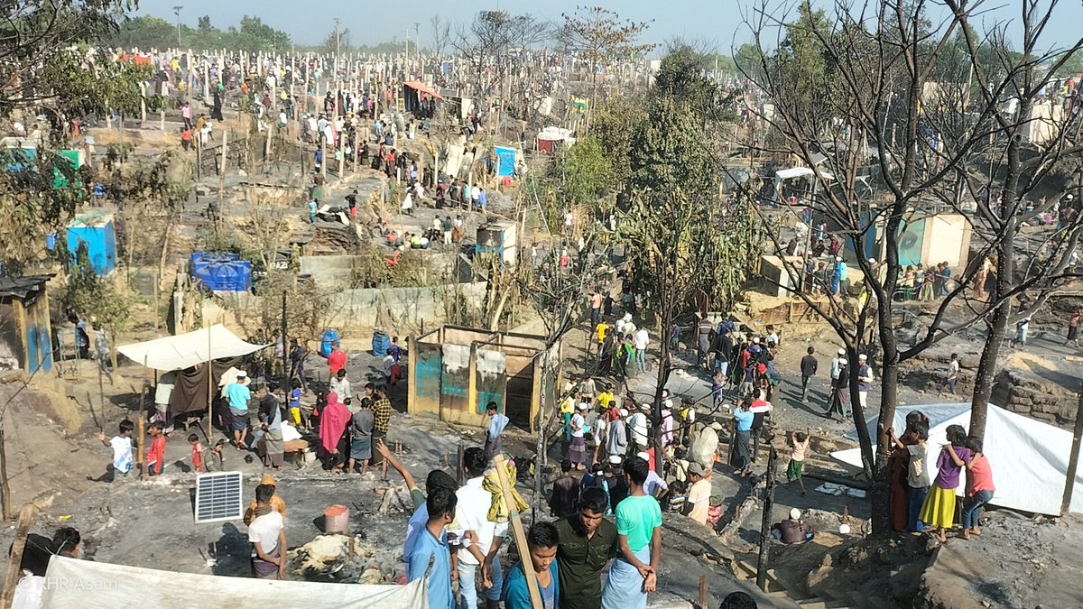 RHR_Asem's tweet photo. Nearly 1500 #shelters burnt to ashes devastating fire at camp 5 of #Rohingya #refugee. 13 #learning_center,3 #Majid,1 #turkey_hospital.
In this winter season,how they will endure the cold? The fire is the biggest fear for #Rohingya refugee in #camp. https://t.co/s417YAdbuE