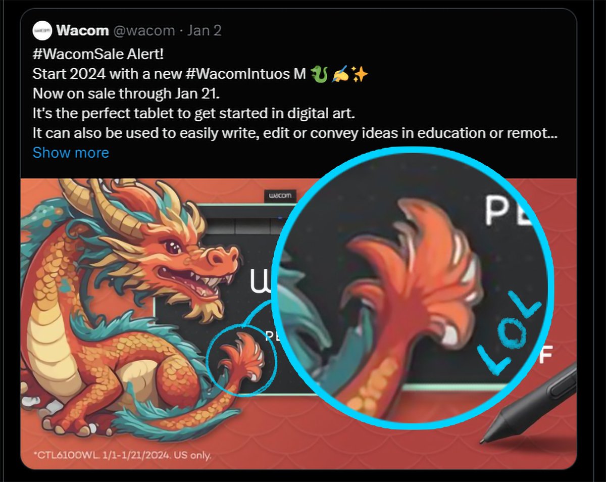 ytartschool's tweet image. didn't even bother to remove the white bits from the AI image bro come on 🤡 

it was a highlight of my career when my art was used for their intuos 4 promo campaign, pretty sure the couple $1000s they paid me was a better deal than all the business they'll lose for this
