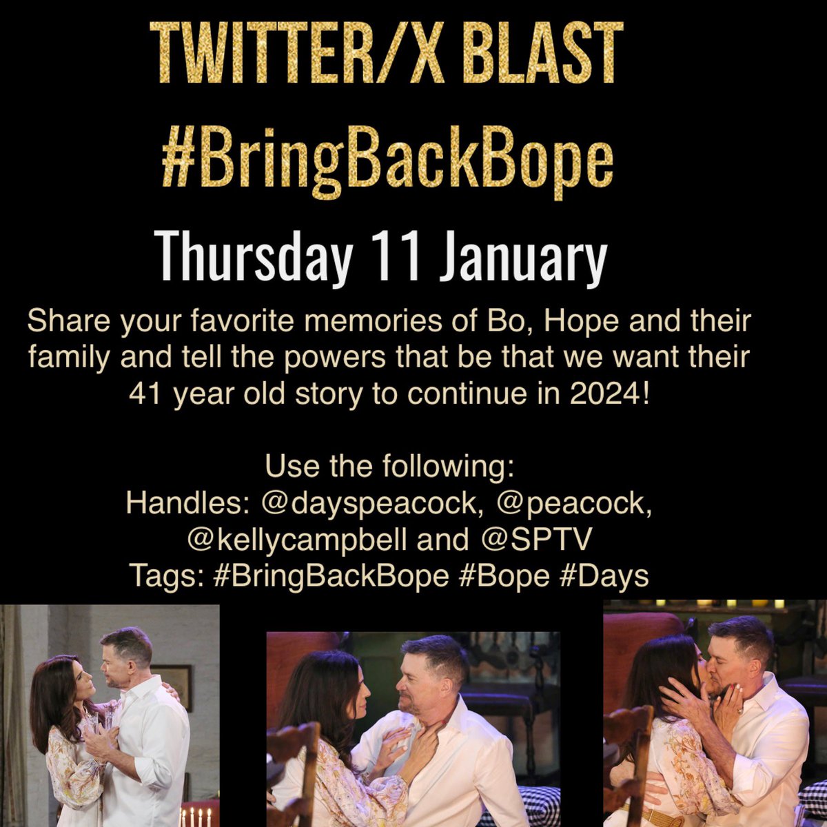 Would you love to see Bo, Hope, Shawn, Belle, Ciara & Claire return in 2024? Join us for a #BringBackBope Twitter/X blast all day this Thursday and share your favorite memories. Make sure you use the handles and tags listed to ask for #Bope’s return in 2024. Please repost! #Days