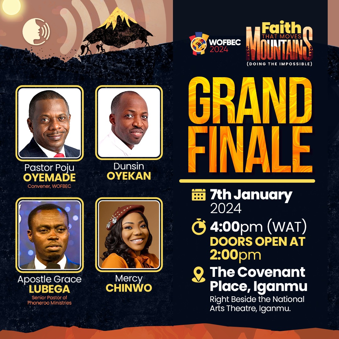 pastorpoju's tweet photo. Tonight is the GRAND FINALE of @WOFBEC 2024.

Get ready. It will hold at the Covenant Place Iganmu at 4.00pm. Doors open at 2.00pm 

You can join online on Youtube. Search for WOFBEC channel. https://t.co/pIRwYhISuA