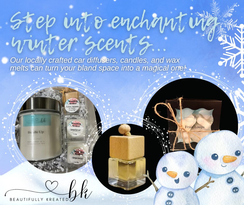 Step into the enchanting scents of winter with Beautifully Kreated! 🌬️ 
Discover our locally crafted car diffusers, candles, and wax melts. 
Transform your space with the magic of handcrafted fragrances. 🕯️✨ #BeautifullyKreated #HandcraftedMagic