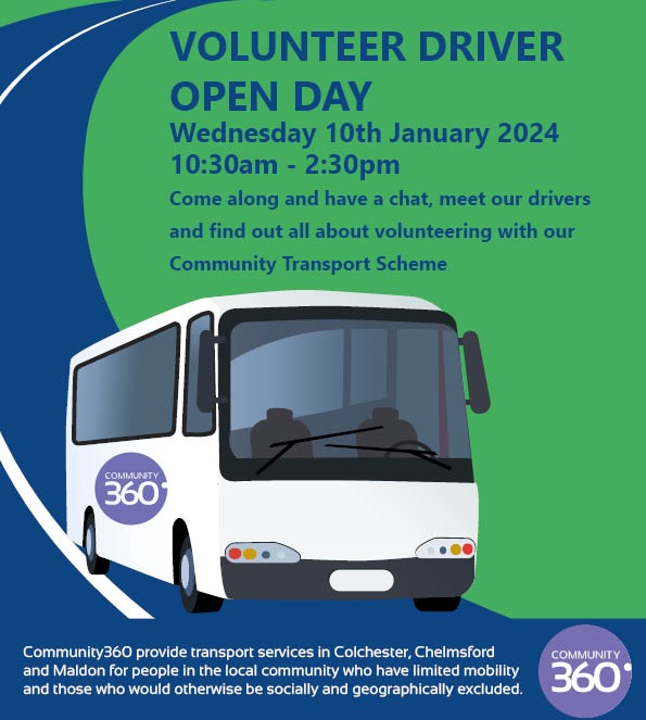 We are hosting a Volunteer Open Day at the One Colchester Hub on Wednesday 10th January, 10:30am - 2:30pm, where public interested in volunteering can meet other volunteer drivers. The address: 4-6 Long Wyre Street. Colchester CO1 1LH. Read more here community360.org.uk/blog/urgent-ap…