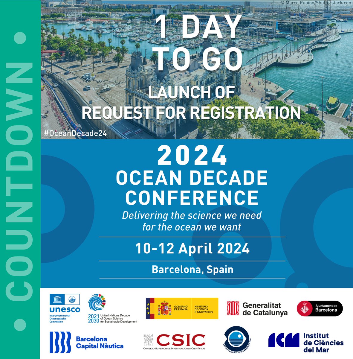 UNOceanDecade's tweet image. 🌊 Request for registration opens ✨ tomorrow ✨ for the 2024 #OceanDecade Conference in Barcelona (April 10-12). Join ocean enthusiasts worldwide to explore #oceanscience, #oceansolutions, and shape the future. Stay tuned for details and highlights! 🌐 ow.ly/8pK750QkGhB