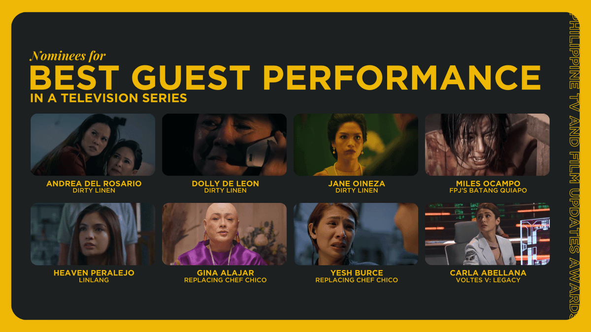 phtvandfilmupd's tweet photo. #PhilippineTVAndFilmUpdatesAwards

BEST GUEST PERFORMANCE IN A TELEVISION SERIES

• Andrea del Rosario, Dirty Linen
• Dolly De Leon, Dirty Linen
• Jane Oineza, Dirty Linen
• Miles Ocampo, FPJ’s Batang Quiapo
• Heaven Peralejo, Linlang
• Gina Alajar, Replacing Chef Chico https://t.co/kyK2526tno
