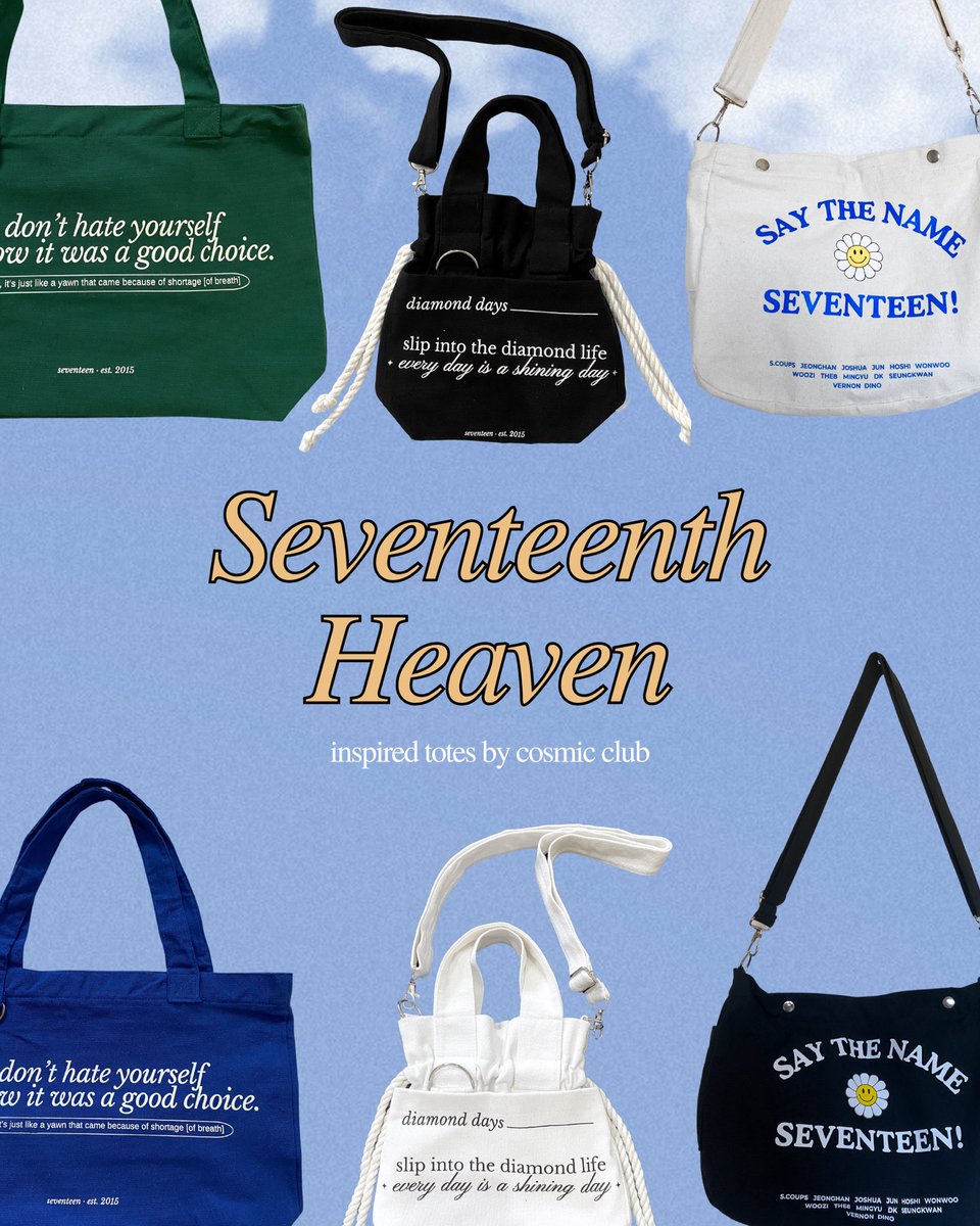seventeenth heaven-inspired totes by cosmic club batch 2🌼 

🌼 say the name cross body bag - ₱550 
🌼 diamond days micro bag - ₱450 
🌼 yawn wide totes- ₱475 
 
Deadline of Order —  Jan 28
Deadline of Payment — Jan 29

Order form ⬇️ 

docs.google.com/forms/d/e/1FAI…

🏷️ wts lfb svt