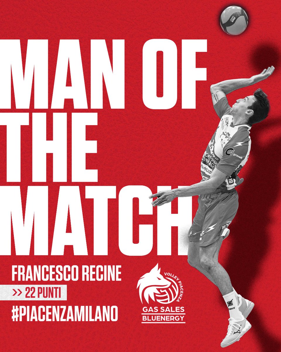 GasSalesVolley's tweet photo. 🏅 | MAN OF THE MATCH

👏🏽 Un'altra partita super di Francesco #Recine, eletto 𝗠𝗔𝗡 𝗢𝗙 𝗧𝗛𝗘 𝗠𝗔𝗧𝗖𝗛 dai tifosi! ⚪️🔴

#atuttogas #gassalesbluenergy #youenergyvolley #superlega #PiacenzaMilano https://t.co/n99uxP6Y8B