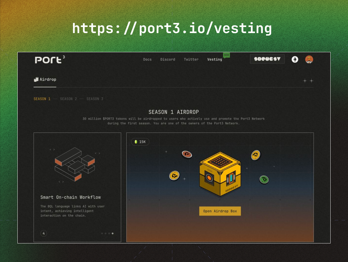 🪂 $PORT3 AIRDROP page is ready! ONLY offical website: port3.io/vesting 📅 Mark your calendar for these key dates: 🔹Jan 8th, 2:00 AM UTC: Check your eligible token amount 🔹Jan 8th, 8:00 AM UTC: Claim your tokens, the same time as listing.