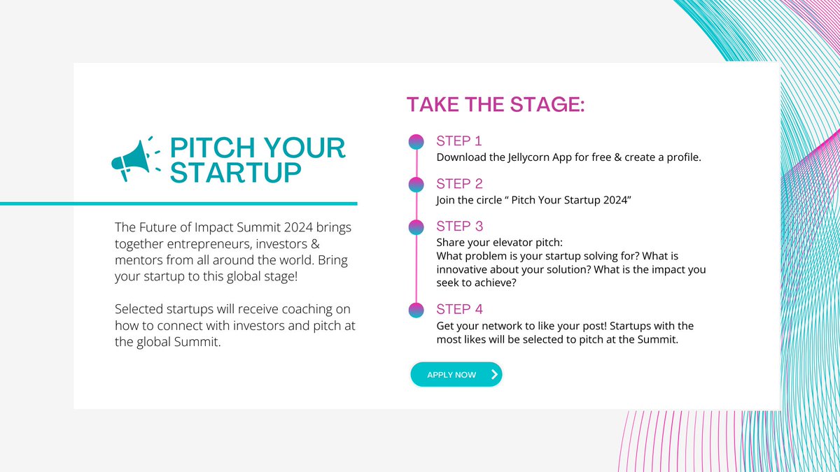WeForXoco's tweet image. Pitch your startup on a global stage at the Future of Impact Summit 2024! 🚀
Connect with entrepreneurs, investors &amp;amp; mentors from all around the world.
 
Apply now:  jellycorn.io/future-of-impa… 

#startups #vc #impact #SDGs