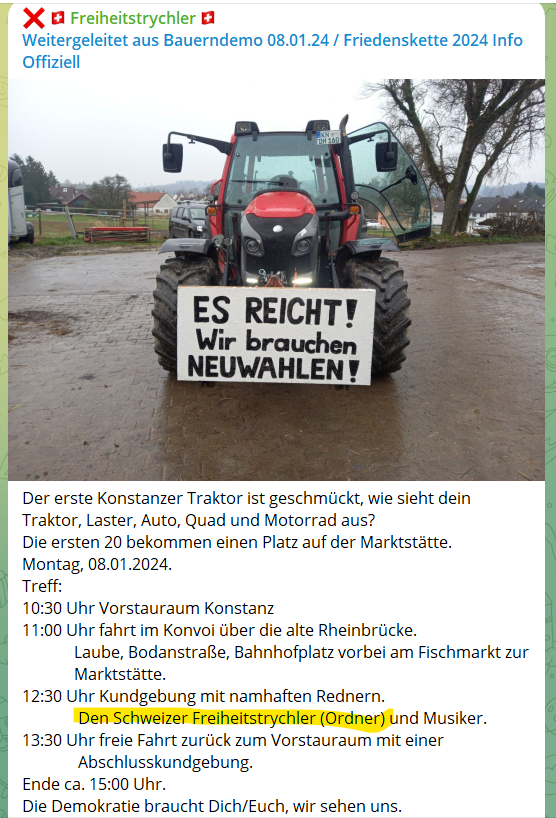 Bronx58's tweet photo. Die Gruppe🇨🇭 der Pädo-#Trychler darf beim #Bauernprotest in 🇩🇪 natürlich nicht fehlen (Ordner).  Zum Mob gehört übrigens auch @bitteltv  wie man hier sehen kann: https://t.co/r64x2cmWYr.

#BrauneBrut #Kartoffelmob #Querdenken #Konstanz #LSV  #FreiheitsTrychler https://t.co/lbNpgK2EsS