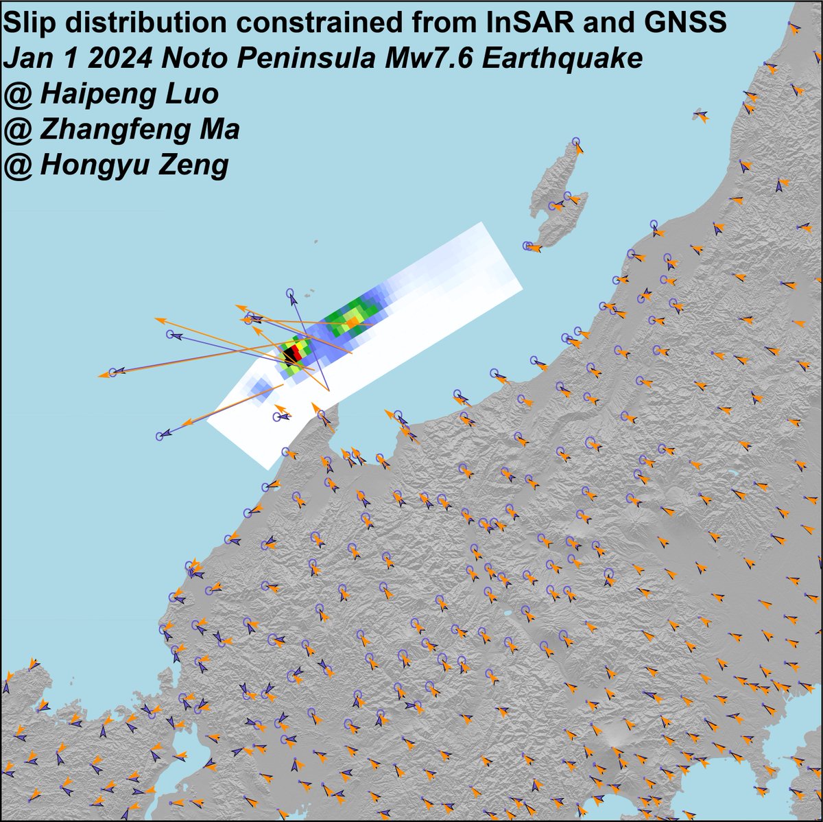 HLuo18's tweet photo. 🆕Our (@MarsZeff @kmno4_deliang and me) preliminary slip distribution of this Mw 7.6 Noto earthquake, from joint inversion of InSAR and GNSS data.  Seems 🤔 a good correlation with all geodetic data and BP results. More to post~ https://t.co/huMPdSimQ9