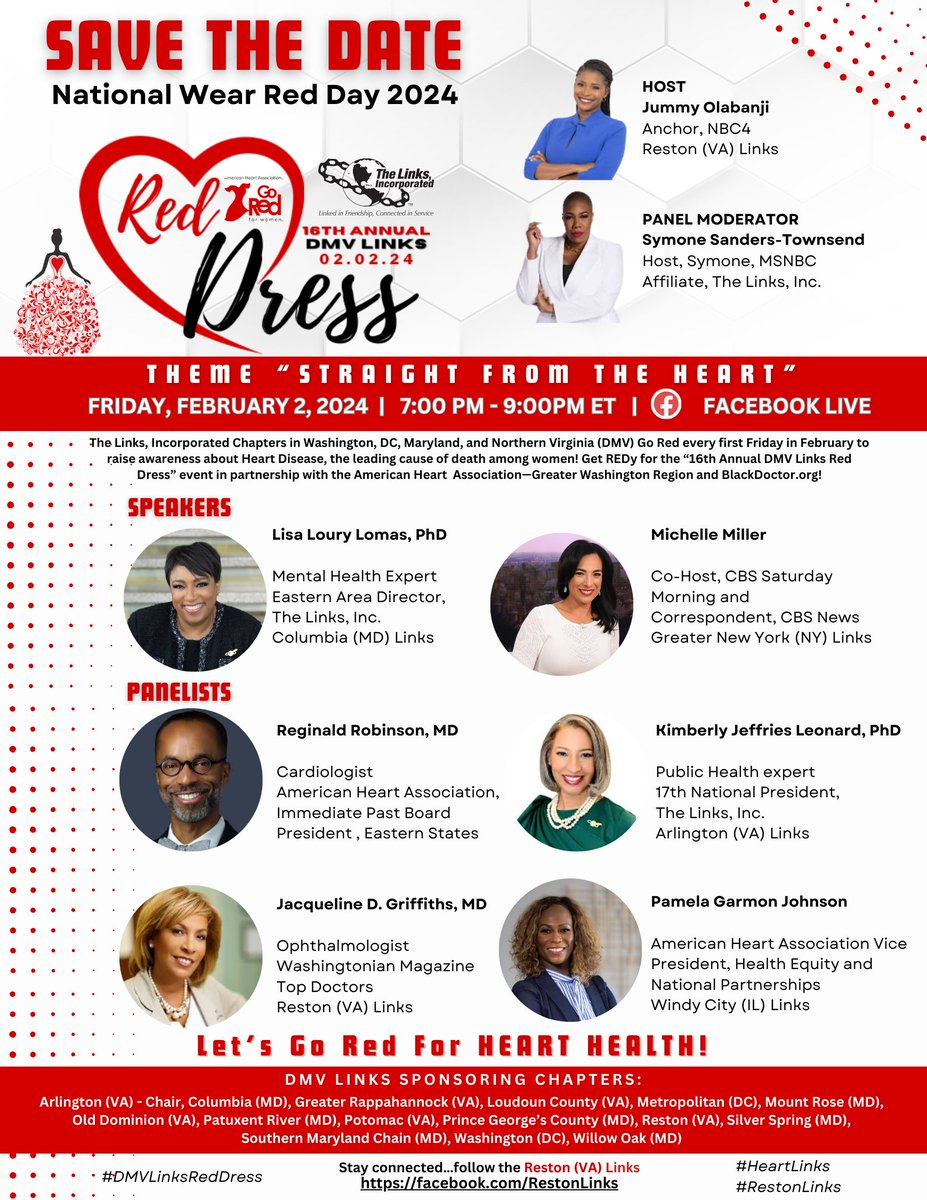 So proud of our members Jummy Olabanji and Jacqueline D Griffiths.  They are just two of the members serving on committees for the 16th Annual DMV Links Red Dress Event. Join us!

#restonlinks #restonlinksgored #dmvlinksreddress #heartlinks #goredforhearthealth #gored #reddress