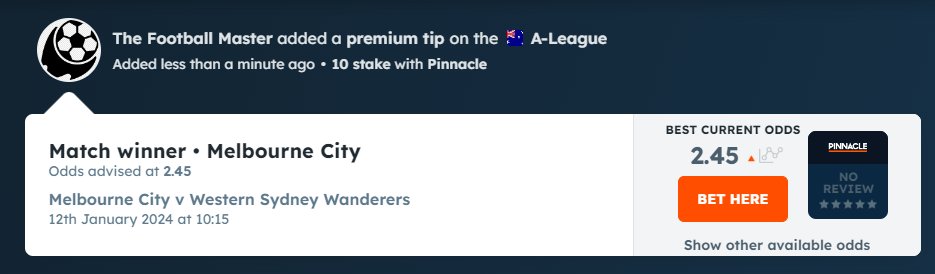 T_Foot_Master's tweet image. "Sunday's Bet of The Day "      
 12 January / Australian A-League 
 Melbourne City vs Western Sydney Wanderers   
Melbourne City to win @ 2.45 @Pinnacle 

#FreePick #BOTD like retweet