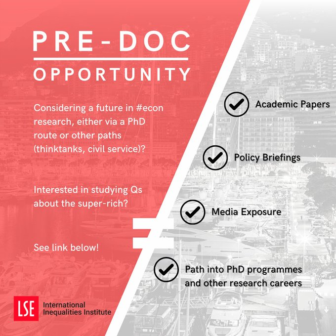 🚨PRE-DOC OPPORTUNITY🚨 If you are 🔸considering a future in #econ research, either via a PhD route or other paths (thinktanks, civil service); 🔸interested in studying Qs about the super-rich; then come work w/me, @Summers_AD + team jobs.lse.ac.uk/Vacancies/W/35… #econtwitter