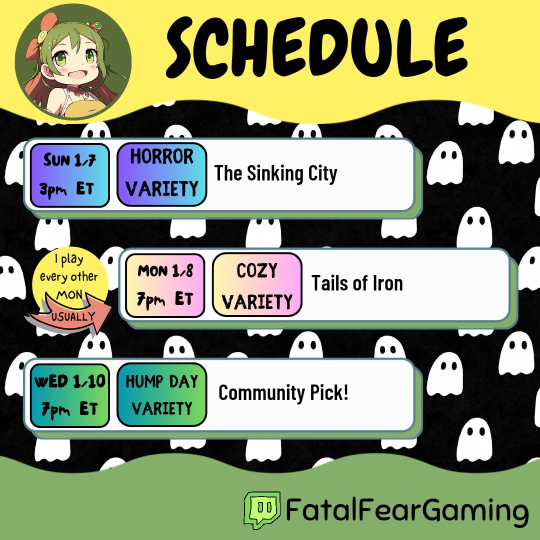 FatalFearGaming's tweet photo. New schedule is up! Playing at 3pm Sunday instead of 6pm. Also super excited for Monday's game!! https://t.co/OyrMhioO2F #twitch #horrorgames #cozy #rpgs #platformer #FatalFearGaming #gamergirl #tailsofiron @odd_bug_studio https://t.co/upxxWzmNsB