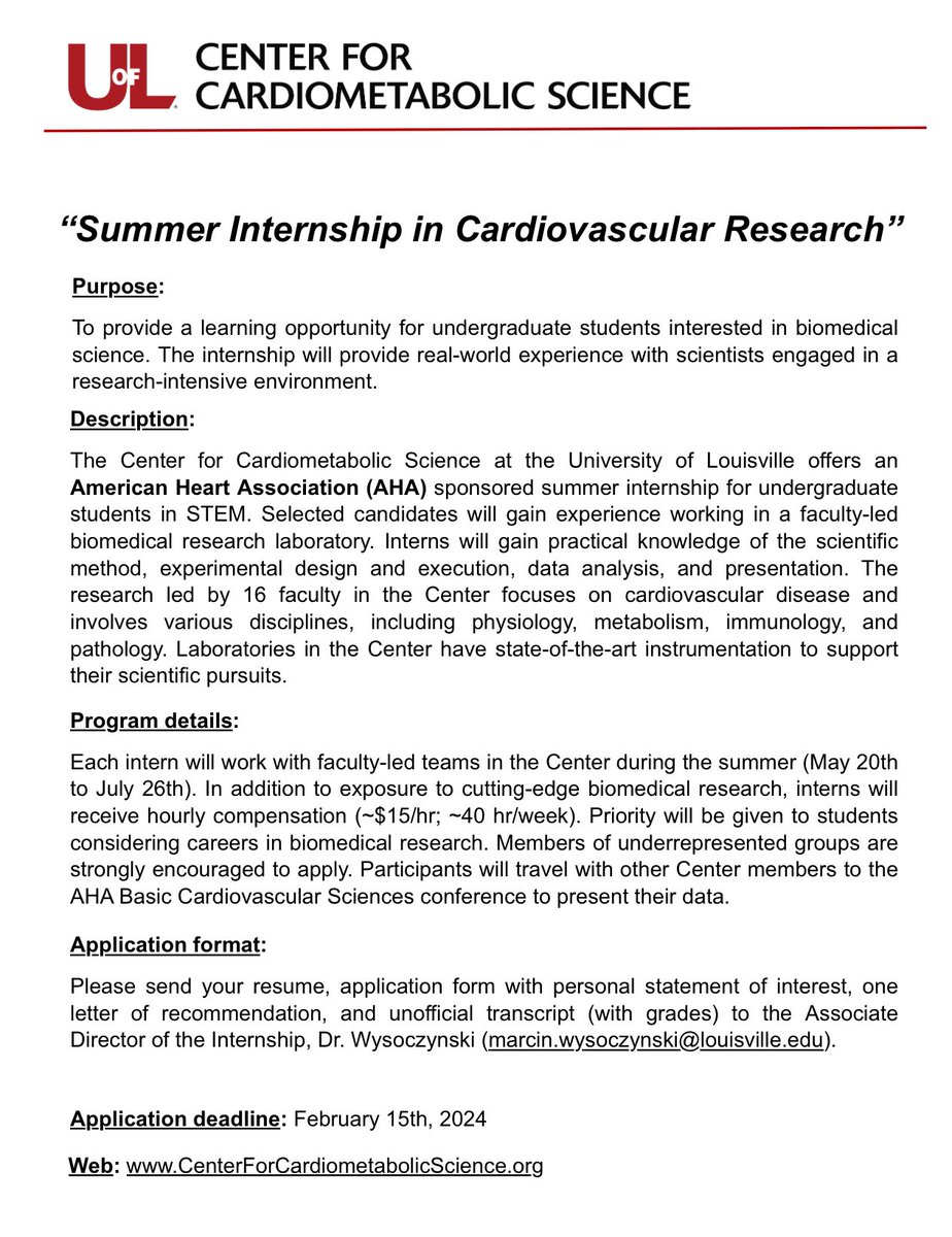 For all undergraduates interested in gaining cardiovascular research experience this summer, please see the attached details on how to apply for an American Heart Association sponsored summer undergraduate internship in our Center. We look forward to you joining us in Louisville!