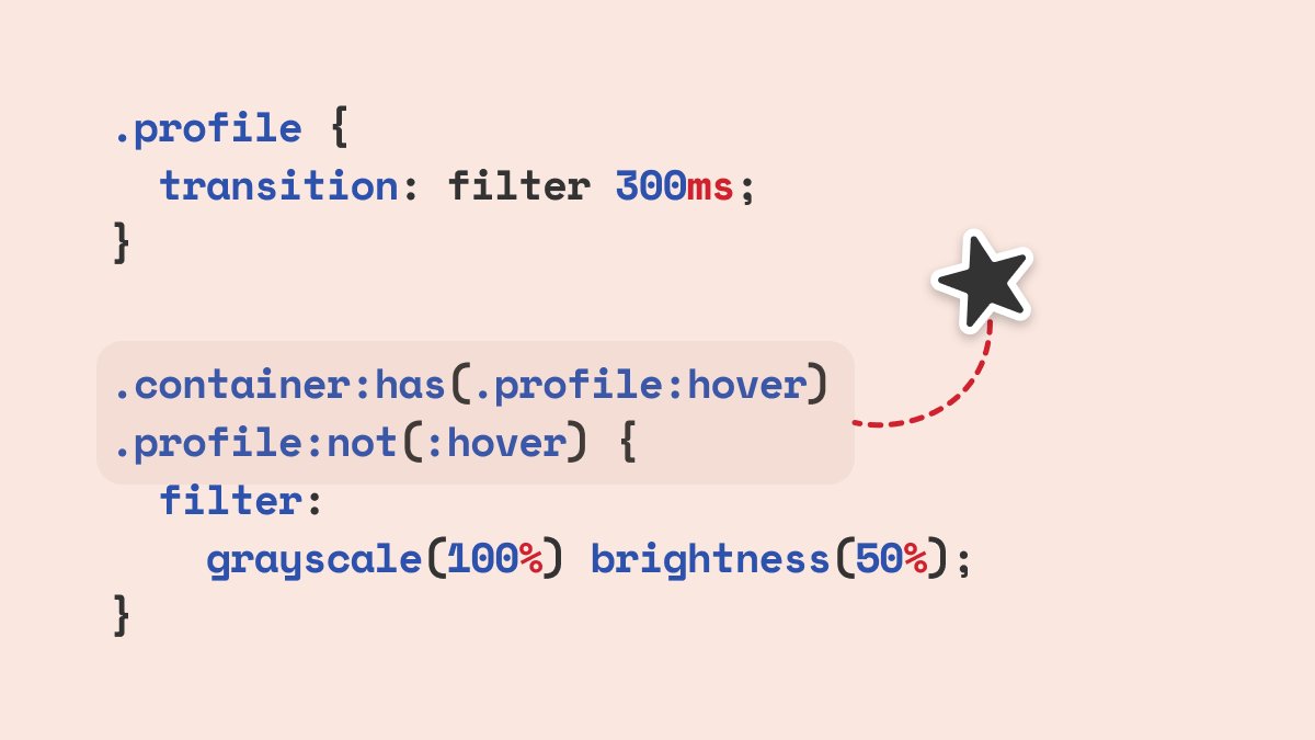 baby_wolf_codes's tweet photo. Using a combination of :has() pseudo selector and the :not() pseudo selector, we can select the profiles that are not hovered, only when one of the profiles is hovered https://t.co/CcuOp94TZN