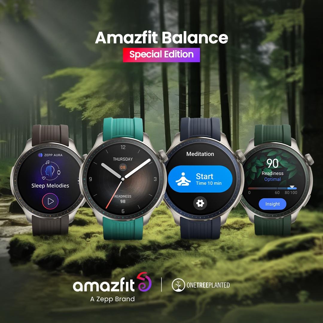 AmazfitIN's tweet photo. #NewArrival 📢 The #Amazfit #Balance is now available in 4 #SpecialEdition colors, inspired the harmony of nature 🙌 And for every purchase, Zepp Health will donate $2 to support @OneTreePlanted's urban forestry projects in Europe 🌳🌲 #PlantTrees #LiveInBalance https://t.co/71F8pjncnC