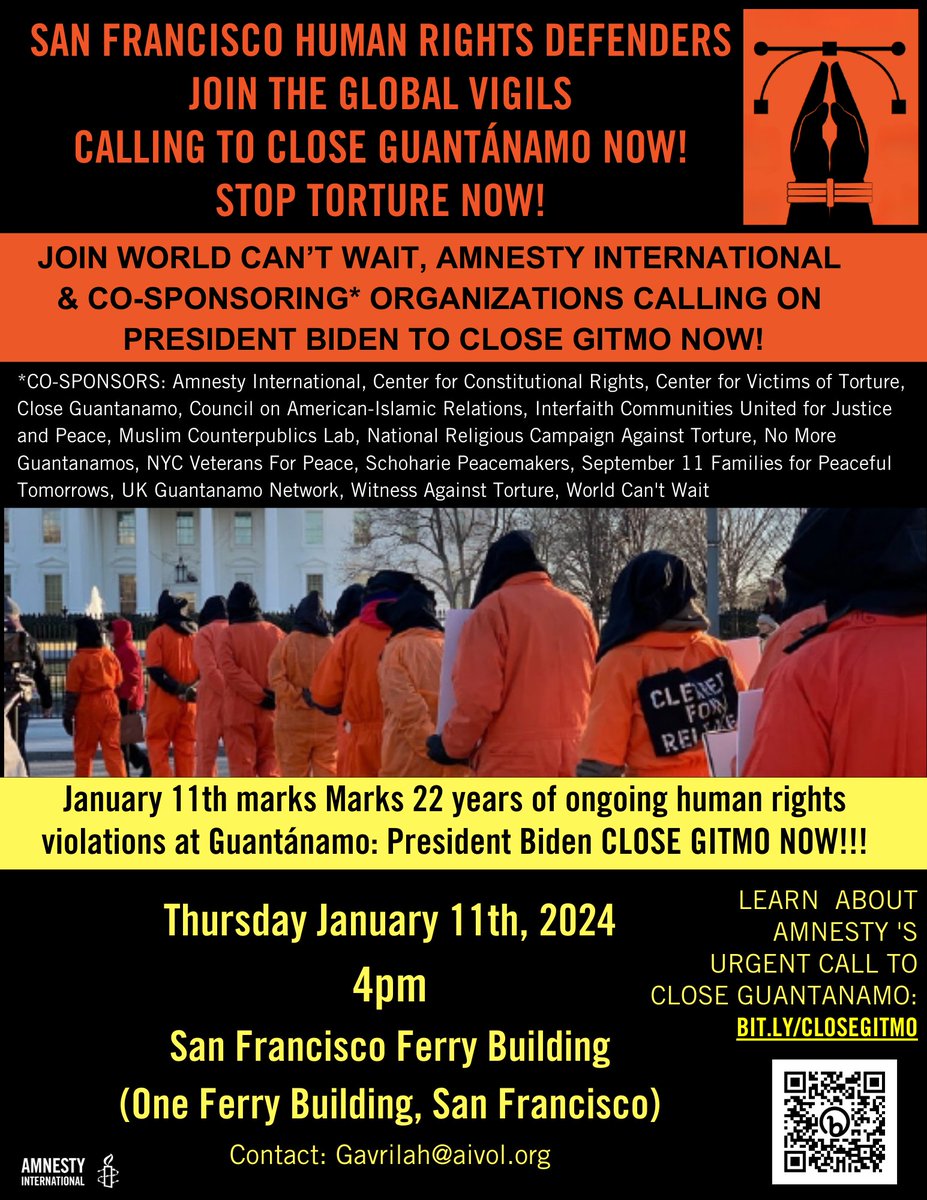 AmnestySF30's tweet photo. Bay Area #HumanRightsDefenders join us in #SanFrancisco on the 22 anniversary of #Guantanamo 
Global Vigils calling on @Potus to #CloseGitmoNow! #CloseGuantanamo #StopTorture NOW!
#HumanRightsViolations #HumanRights https://t.co/PVwScDUies
