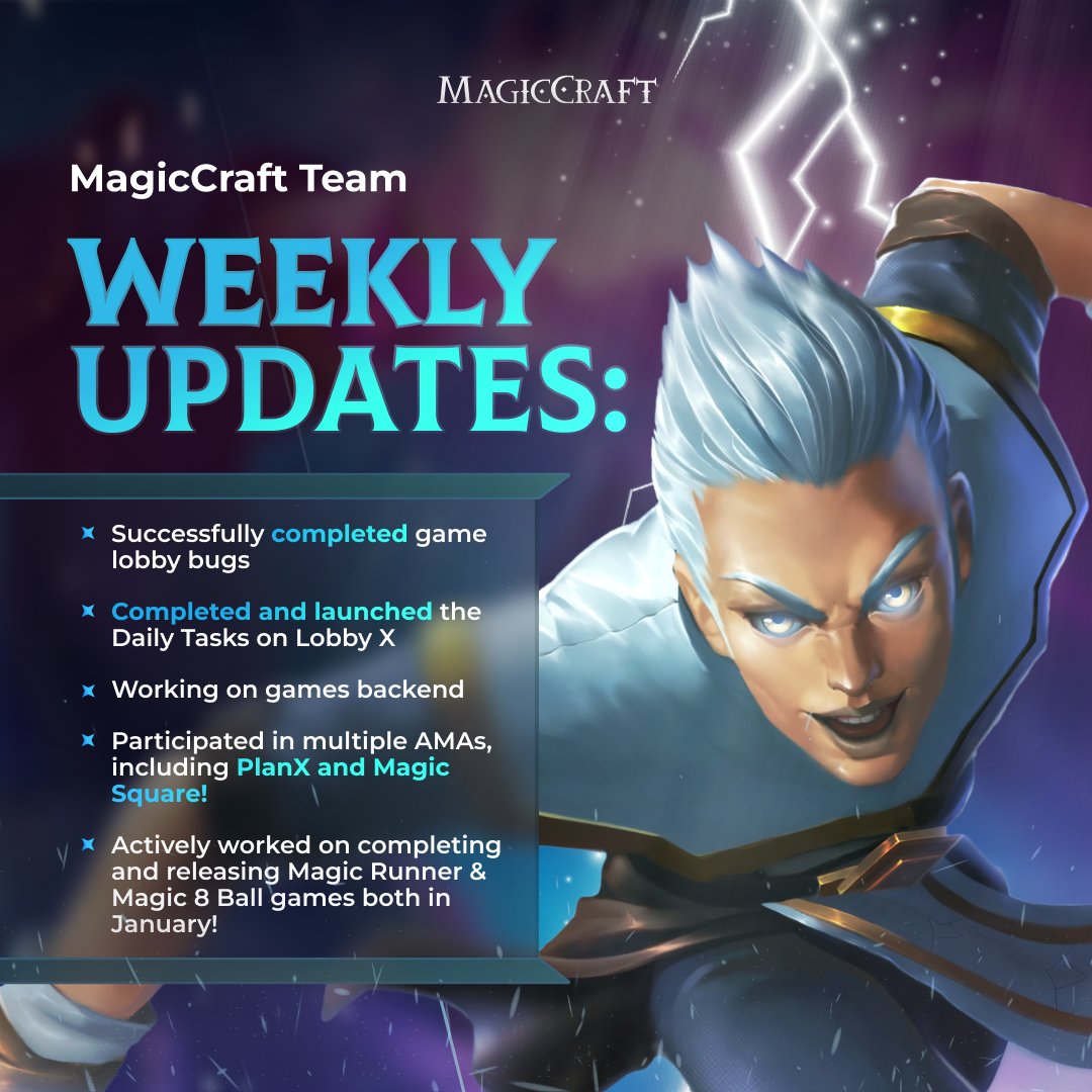 MagicCraft Weekly Team Updates!

✅ Actively worked on completing and releasing Magic Runner &amp; Magic 8 Ball games both in January!
✅ Successfully completed game lobby bugs
✅ Completed and launched the Daily Tasks on Lobby X
✅ Working on games backend
✅ Participated in