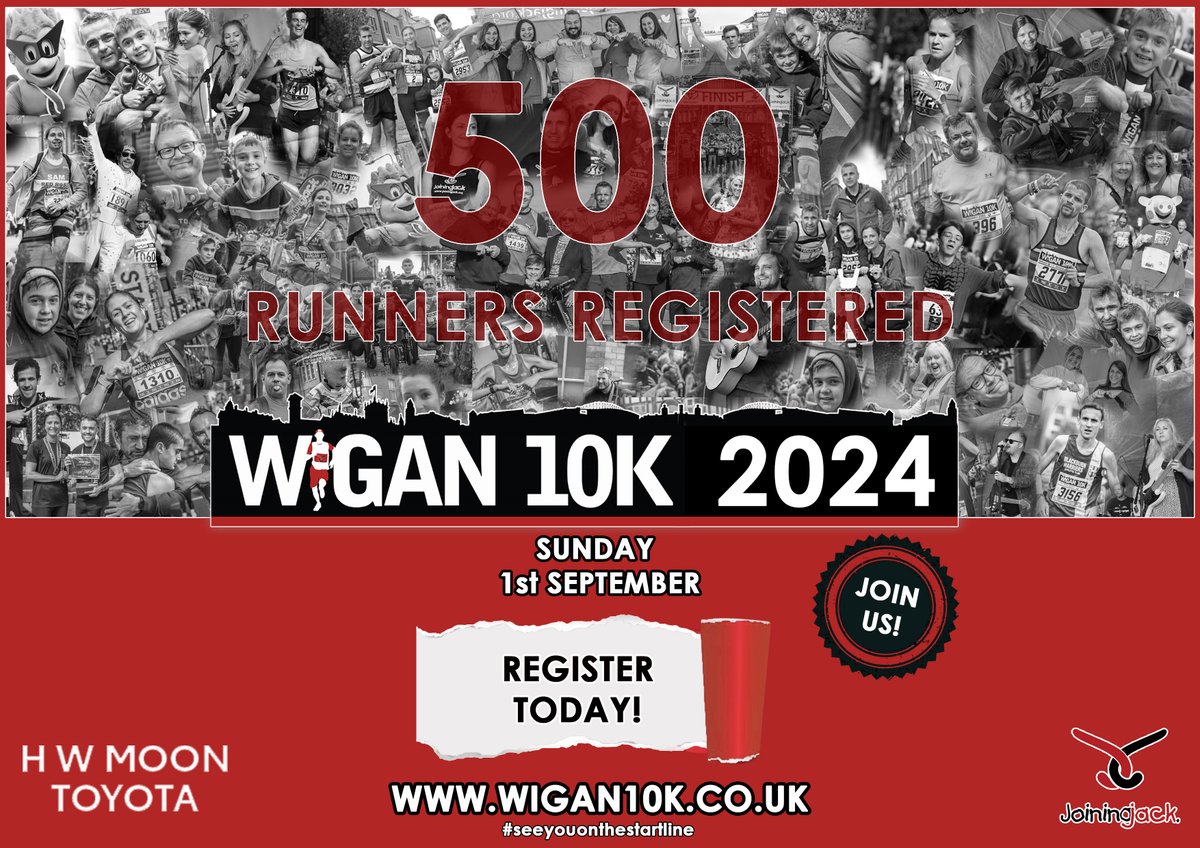 500 runners singed up for our terrific 12th @HWMoonToyota Wigan 10k for @alljoinjack wigan10k.co.uk @Bithells @Wigan_travel @EnduranceCoach @UncleJoesSweets @Wiganphysio @wigancouncil @visitwigan #wigan10k2024 #thecountdownbegins #seeyouonthestartline #TeamJJ 📷📷