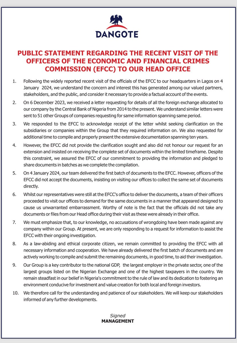 As released by the Dangote Group 
Regarding the EFCC raid