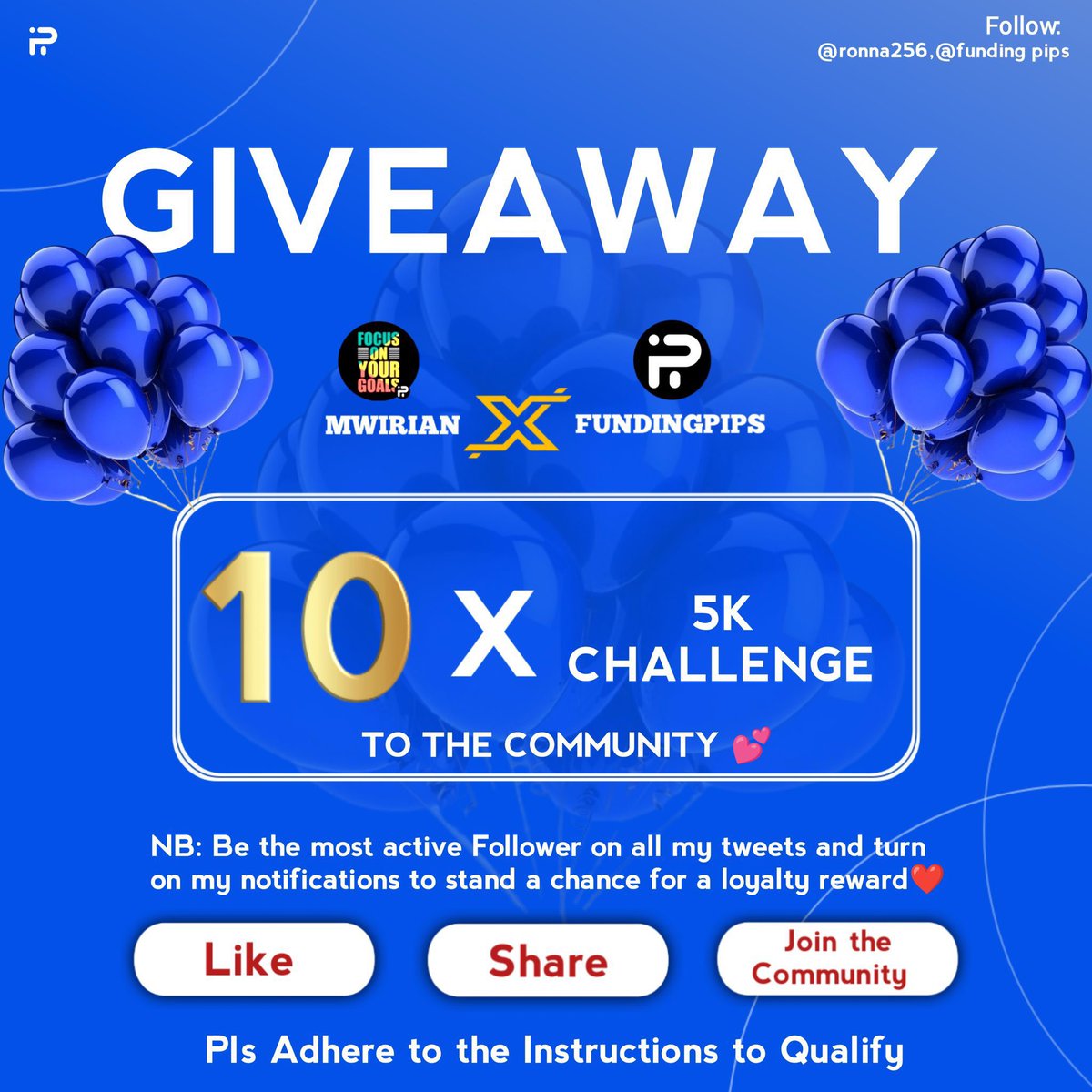 ronna256's tweet photo. Let’s do this guys!! 

1. Follow @fundingpips @Khldfx and @ronna256 
2. Like and retweet 
3. Join here on discord https://t.co/IMhc8RwUcX
4. Drop a proof of you in discord
5. Tag 5 friends not to miss

NB: Be the most active follower on all my tweets and always a loyalty reward ❤️. The loyal ones first💯. Good luck!