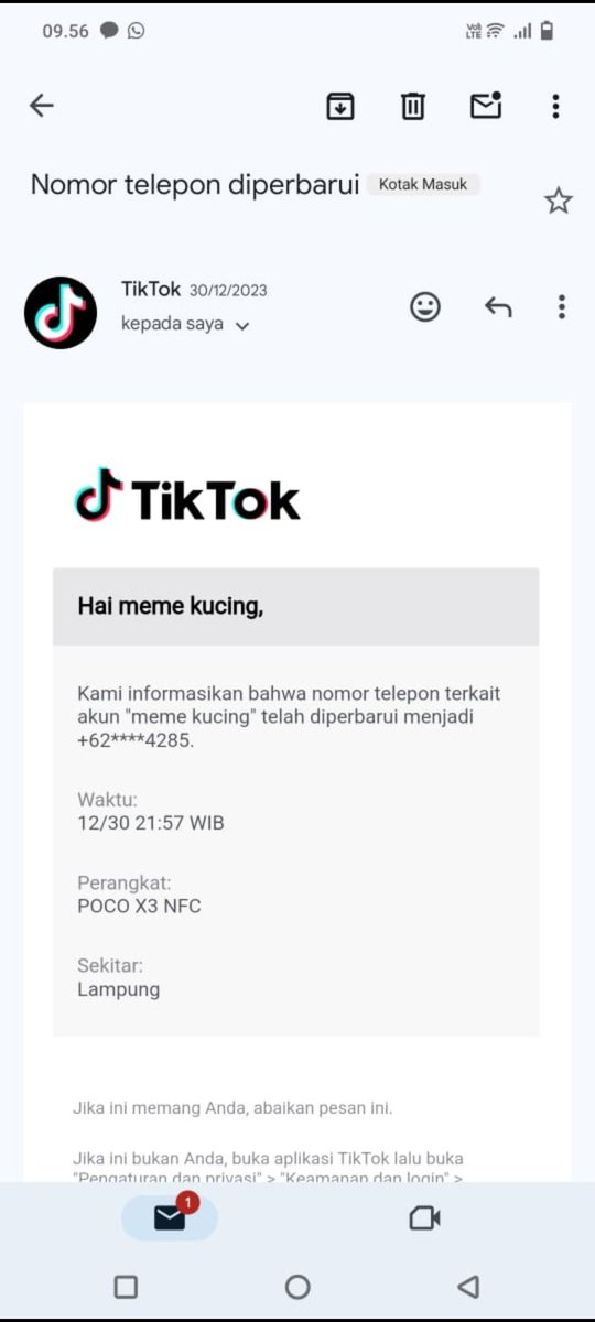 jenesais111's tweet photo. moots tolong bantu rt yaa. 
Jadi awalnya tgl 30/12/2023. adik aku bilang dia gabisa masuk ke akun tt nya katanya ada email masuk (gambar aku drop dibawah). Ternyata akun adik aku udah di hack dan udah gabisa masuk lagi pass, no tlpn dll udah diganti https://t.co/q8f5Y3jSCB
