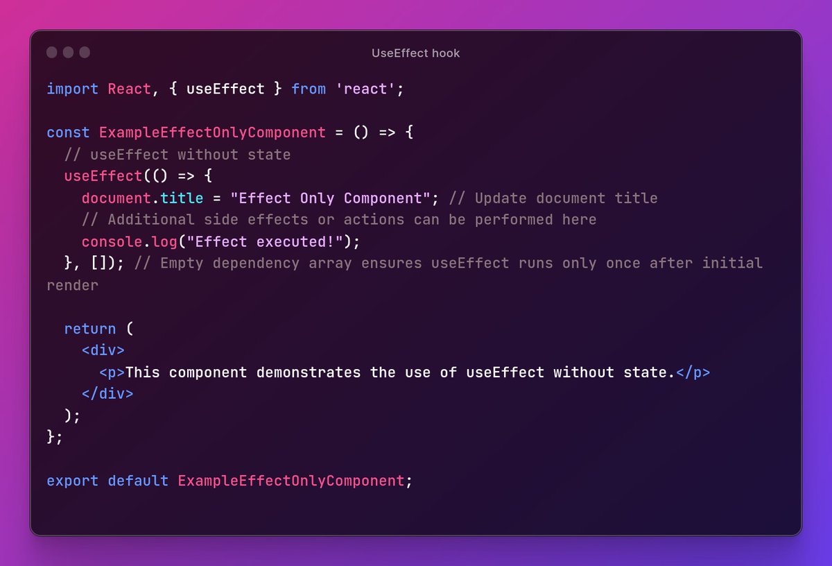 cs_atp's tweet image. 🎓 Let's dive into the fascinating world of React! 🚀 
Today's lesson: `useEffect` hook.
Master the art of managing side effects and orchestrating component lifecycles with this powerful tool. 🌐💻
 #reactjs #LearnReact #WebDev