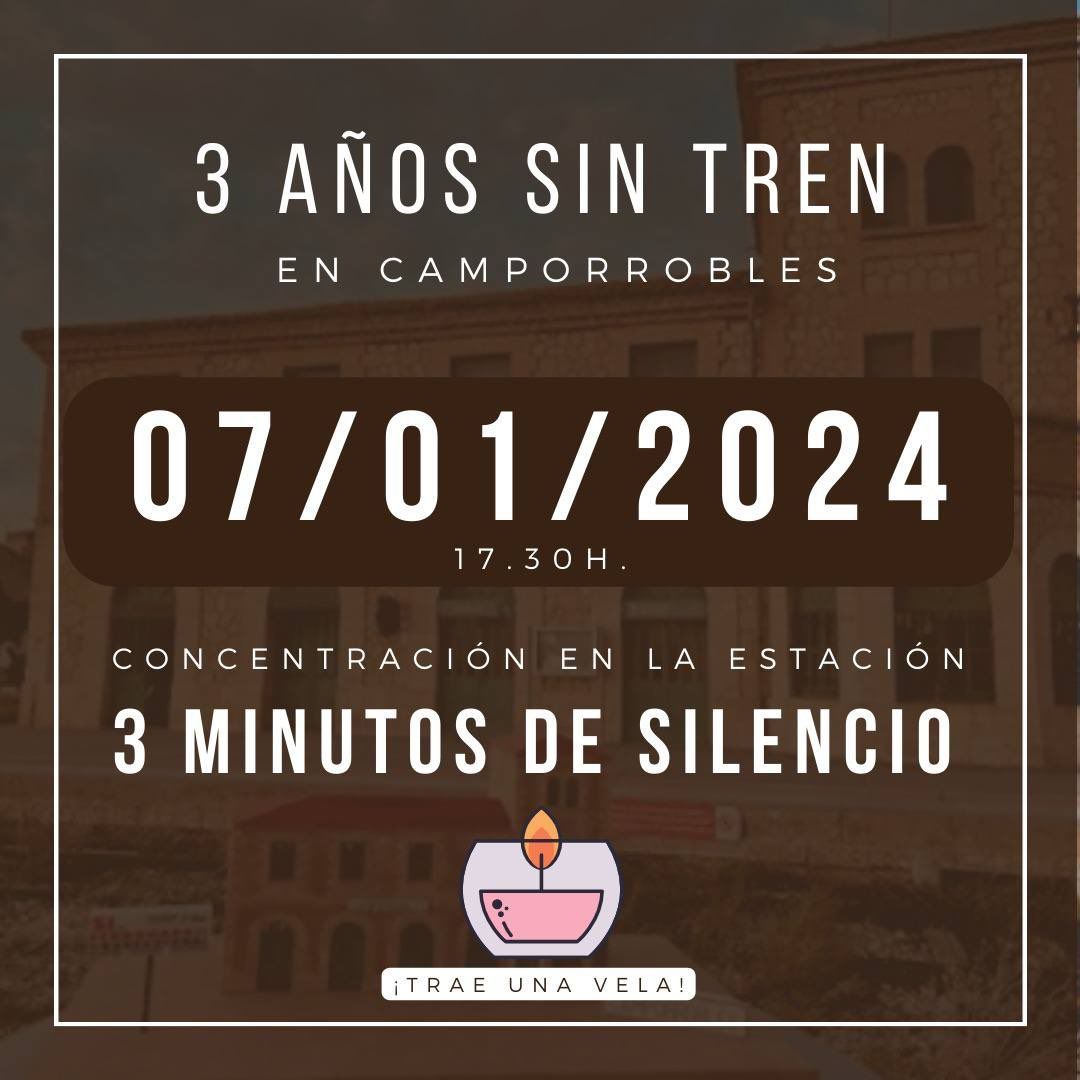 quatrecarreresR's tweet photo. ATENCIÓ!! Totes a #Camporrobles el #7Gener a les 17.30h 🚉
3 ANYS SENSE TREN
Es un atemptat ecològic desmantellar el tren per a augmentar el calfament global amb el transport per carretera.
Guardarem 3 minuts de silenci per a demanar la reobertura de la línia #Utiel-#Tarancon https://t.co/tSlCCgN5Fe