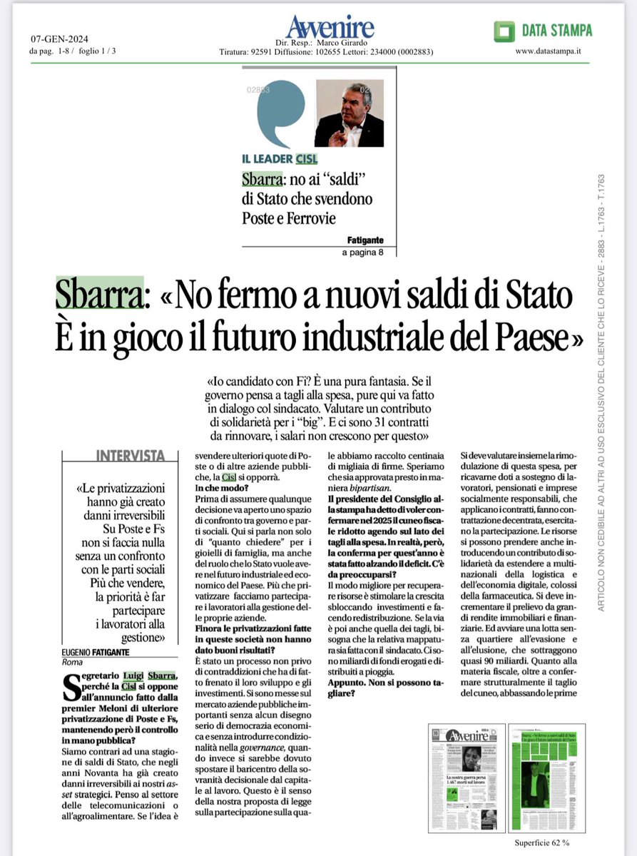 CislNazionale's tweet photo. “Siamo contrari ad una stagione di saldi di Stato, che negli anni Novanta ha già creato danni irreversibili ai nostri asset strategici. Penso al settore delle telecomunicazioni o all’agroalimentare. Se l’idea è quella di svendere ulteriori quote di Poste o di altre aziende pubbliche la Cisl si opporrà. Prima di assumere qualunque decisione va aperto uno spazio di confronto tra governo e parti sociali”: #LuigiSbarra su ‘Avvenire’.