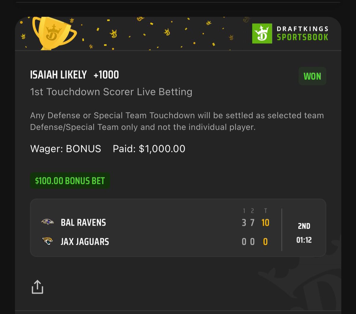ChromeBets's tweet photo. Isaiah Likely $1,000 win on a friend referral. The best part was my buddy tailed with his referral bonus too. After he wanted to buy a @ChromeBets hoodie 🤣 https://t.co/ghnY9ACCCQ