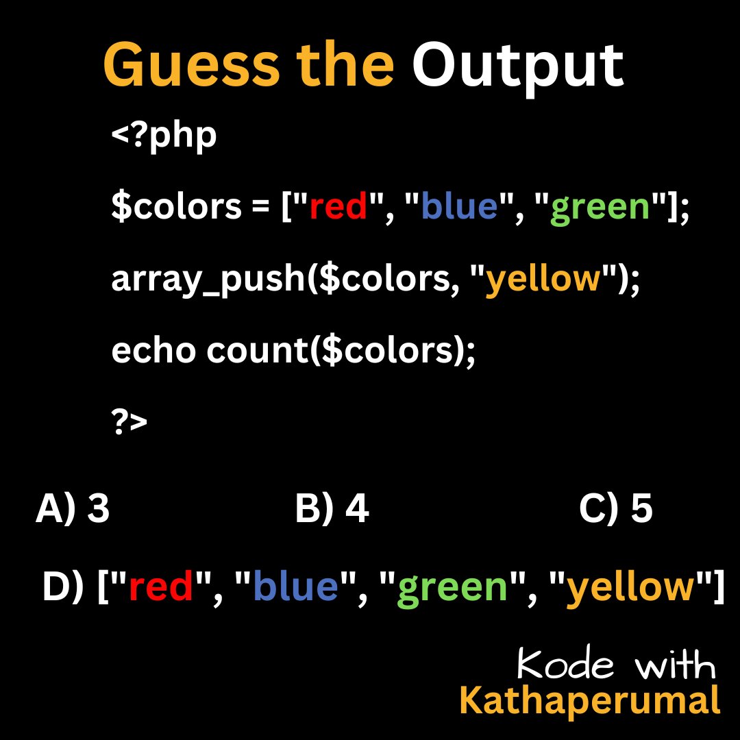 kathaperumal's tweet photo. Guess the output in #php
#SaturdaySkillBuilding
#skillbuildingsaturday
#codingchallenge
#programmingpractice
#learntocode
#CodeNewbie
#skilldevelopment
#phpchallenge
https://t.co/HJsCaq9FM1 https://t.co/fLEuo801zo