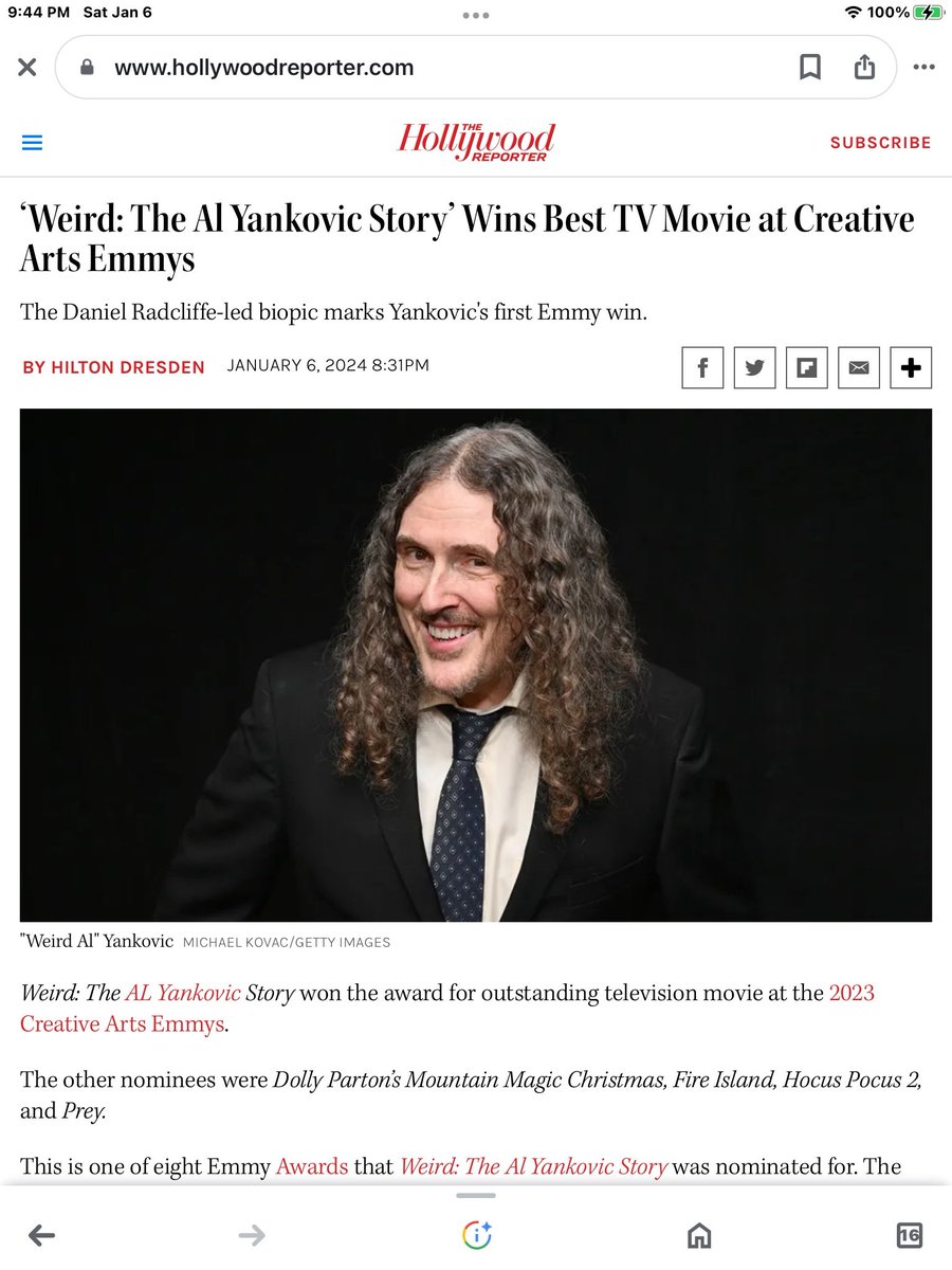 Awesome to hear that “Weird-The Al Yankovic Story” just won an Emmy for Outstanding Television Movie and also one for Best Score!