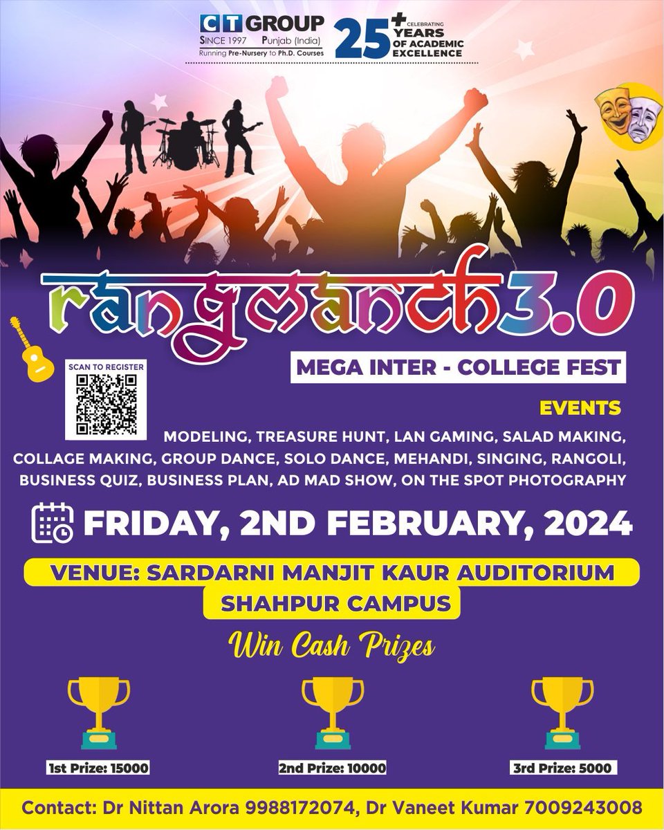 CTGroupshahpur's tweet photo. 🌺You're Invited to Rangmanch🌺

Join us for an exhilarating experience at the Mega Inter-College Fest, Rangmanch, on Friday, 2nd February, at the Sardarni Manjit Kaur Auditorium, Shahpur Campus.
#ctgroup #rangmanch #ctfest #intercollegefest #fest #enjoyment #shahpur #southcampus https://t.co/0lHnyEcIrP