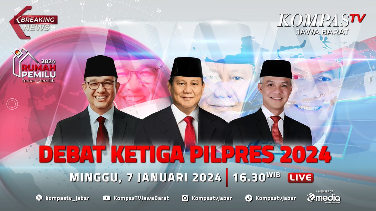 kompastv_jabar's tweet photo. BREAKING NEWS
Debat ke-3 Pilpres 2024 LIVE di YouTube KompasTV Jawa Barat hari ini minggu 7 Januari, mulai pukul 16.30 WIB.

#DebatCapres #kompastvnetwork #pemilu2024dikompastv #BreakingNews #Pilpres2024 #kompastvjawabarat #PemiluDamai2024 https://t.co/kof0EBCmv3