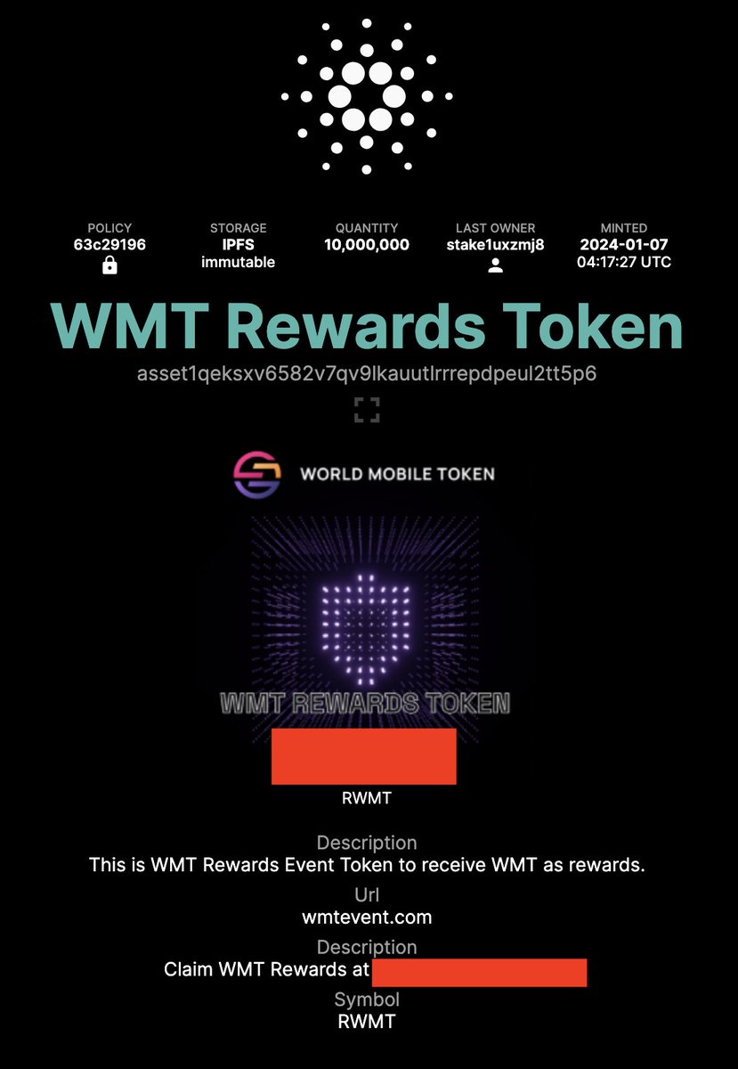 Giovanni EASY1 - Cardano, World Mobile, Midnight (@cryptojoe101) on Twitter photo 🚨 Scam Alert - Attention Please
I just received this <a href="/wmtoken/">worldmobilechain</a> Fake Rewards NFT in one of my wallets. This is obviously a SCAM!
(I covered links to avoid issues!)
For your safety PLEASE, do not click on any link displayed in this NFT as the "rewards" page it's a wallet 🚨 Scam Alert - Attention Please
I just received this <a href="/wmtoken/">worldmobilechain</a> Fake Rewards NFT in one of my wallets. This is obviously a SCAM!
(I covered links to avoid issues!)
For your safety PLEASE, do not click on any link displayed in this NFT as the "rewards" page it's a wallet