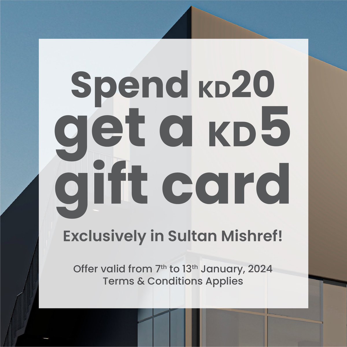 Enjoy our exclusive launch offer at Mishref: Spend 20KD &amp; get a 5KD gift card to be used only in Mishref 🛒 valid for one week ⏳
Sign up with Kanzee and earn an extra 2KD in coins. 🌟 Visit Sultan Mishref now and also get to Spin the wheel for additional fun gifts🎁