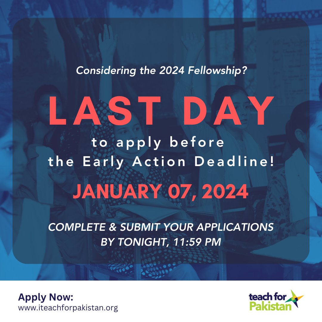 teachforpak's tweet photo. Are you the leader Pakistan's classrooms need?
Just a few hours left to apply for the 2024 Teach For Pakistan Fellowship before the Early Action Deadline!
Complete and submit your applications by 11:59 pm tonight.
Apply Now: https://t.co/httMHeslgC
#OursToFix #Fellowship #Leadership #TeachForPakistanFellowship