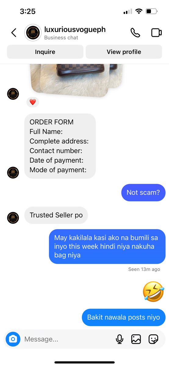 SCAMMER ALERT a friend got scammed by this IG seller account. When I called them out, they blocked me lol. The account is @luxiurousvogueph. Ingat kayo.