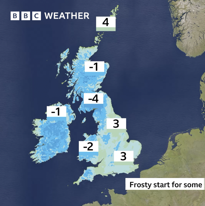 Morning 👋

It's a frosty start for some of us.  Also some mist and fog patches out there to be aware of if you're up and about early.

bbc.co.uk/weather | Simon