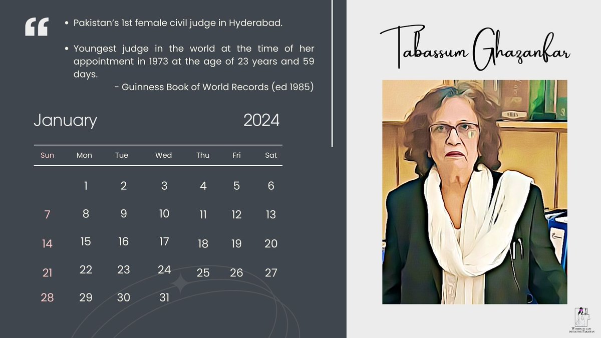 January is about celebrating and remembering our living legend former Judge @tabasumghazanfa. Not only was she Pakistan's 1st female civil judge but also the world's youngest judge at the time of her appointment in 1973! It was a Guinness World Record! 1/2