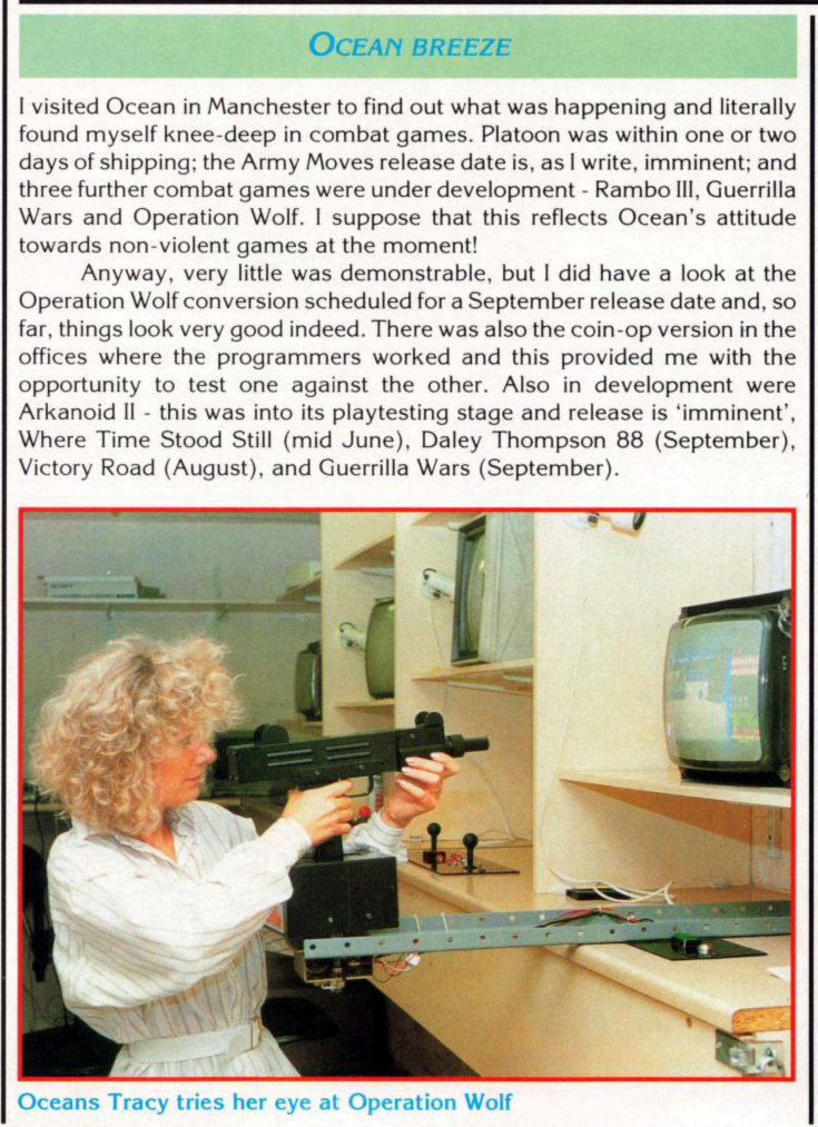 MarkRJones1970's tweet photo. Article on #OceanSoftware - #STAction magazine Jan 1989 part 4. The last photo is of Tracey Crooke playing #OperationWolf in Arcade Alley from the Aug 1988 issue, which I found by accident! #RetroGaming #AtariST https://t.co/Z4IhOIkmLE