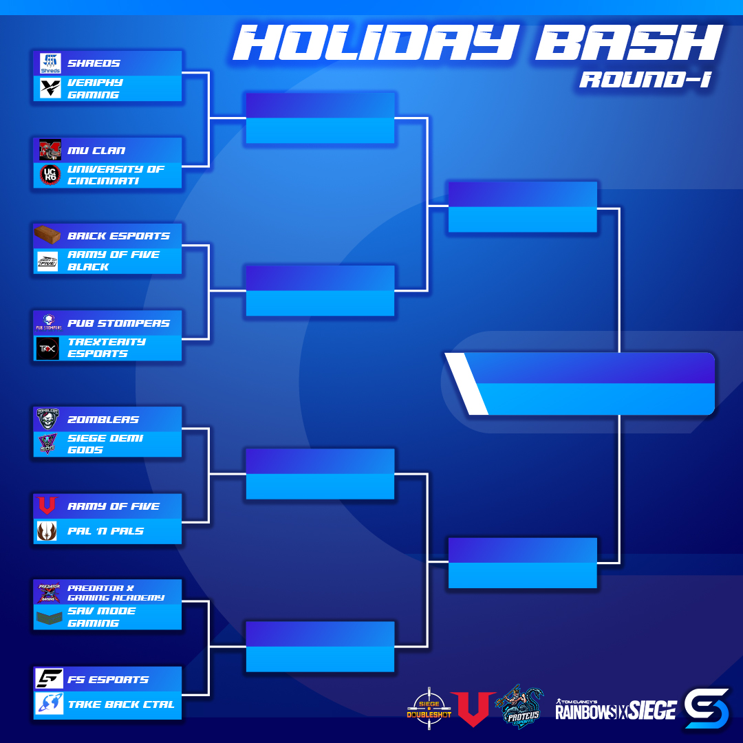 Here is the Play-Offs Bracket for the Holiday Bash!

Who do YOU think will take it all the way?

Make a full bracket prediction and post it below!
Winners get a mystery prize!

Round 1 starts at 8pm EST!

Thank You to @Army_of_Five and <a href="/ProteusEsport/">Proteus Esports</a> for sponsoring this event!